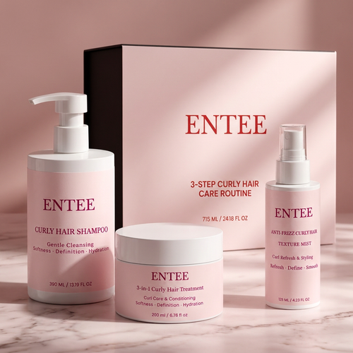 Close-up of ENTEE shampoo, treatment and texture mist with matching box