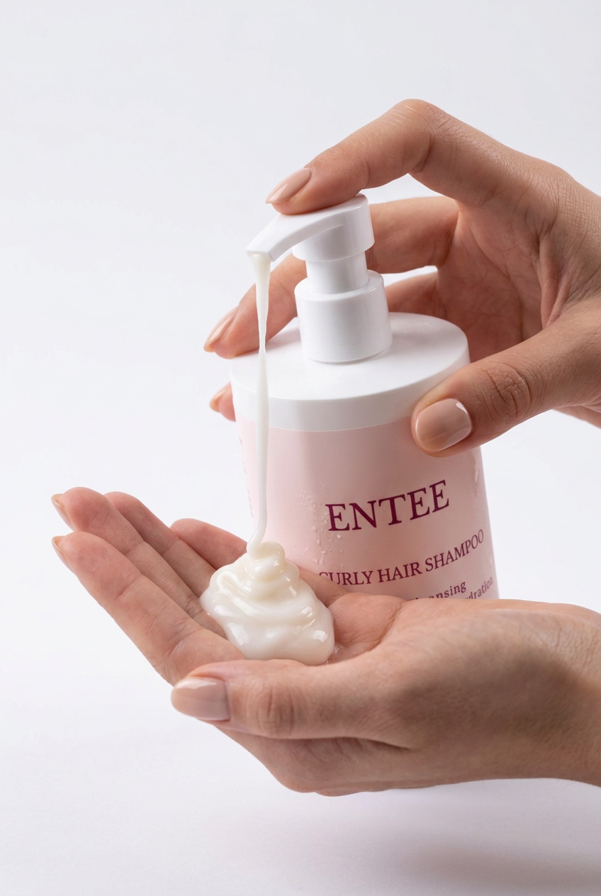 Close-up of ENTEE Curly Hair Shampoo creamy formula being pumped