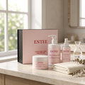 ENTEE curly hair care set on a bathroom vanity