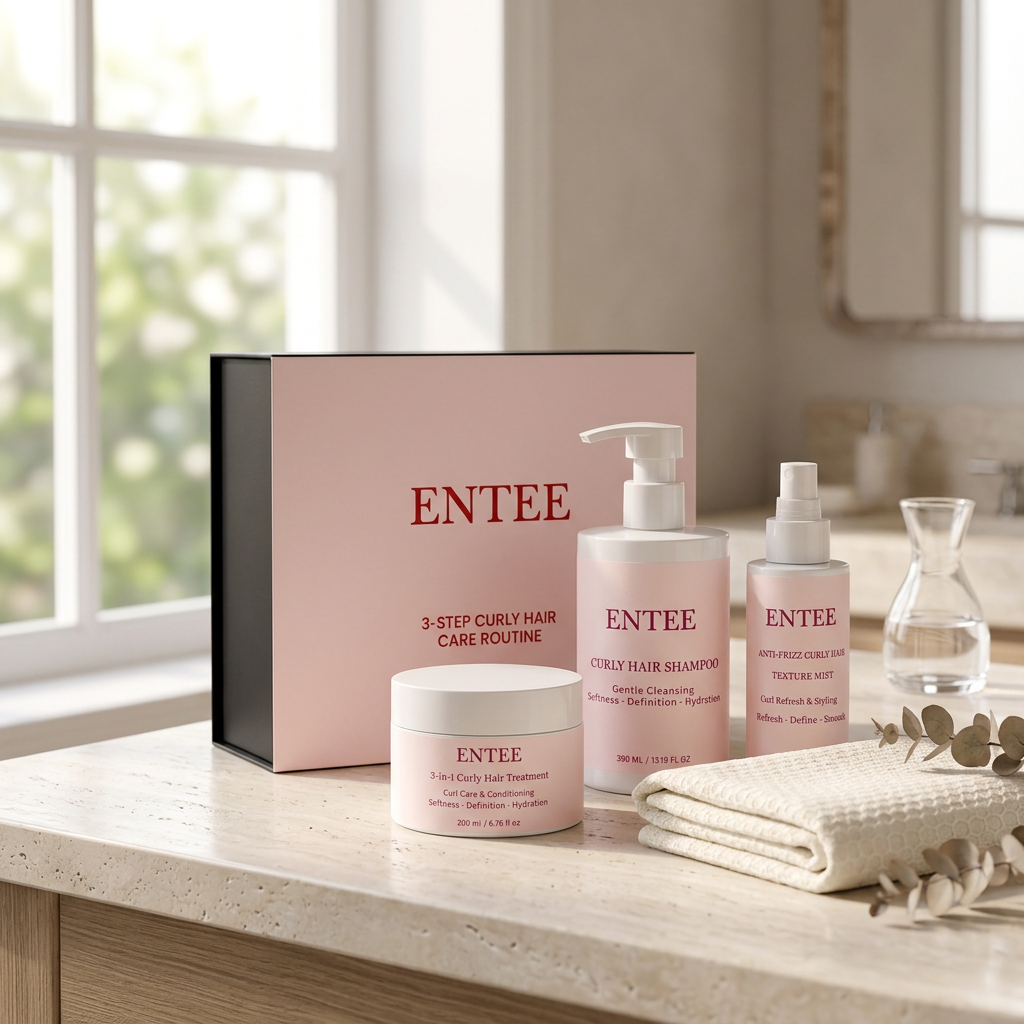 ENTEE curly hair care set on a bathroom vanity