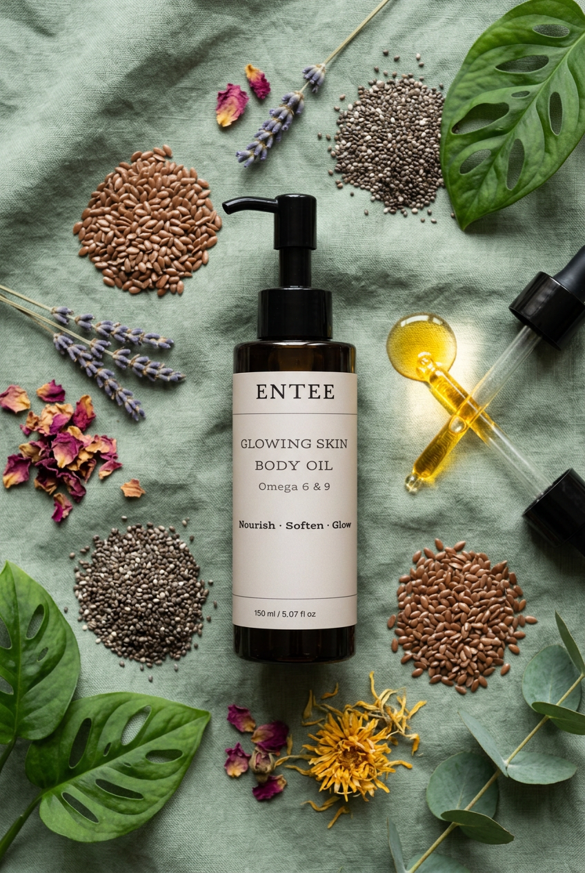 Flat lay of ENTEE Glowing Skin Body Oil on sage linen with botanicals and seeds
