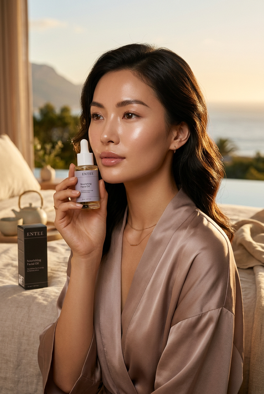 Hero shot of woman with glass skin holding ENTEE Nourishing Facial Oil in golden light