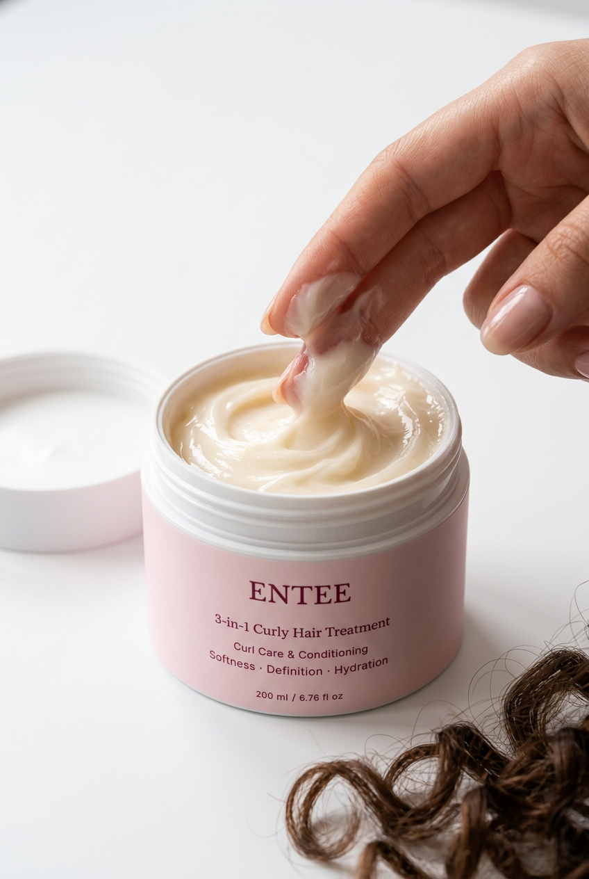 Close-up of creamy ENTEE 3-in-1 Curly Hair Treatment texture
