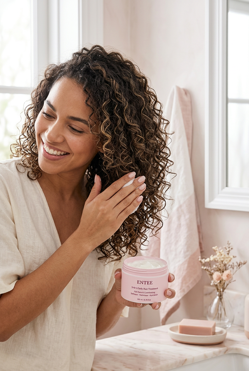 Woman applying ENTEE 3-in-1 Curly Hair Treatment to hydrated curls