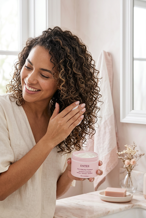 Woman applying ENTEE 3-in-1 Curly Hair Treatment to hydrated curls