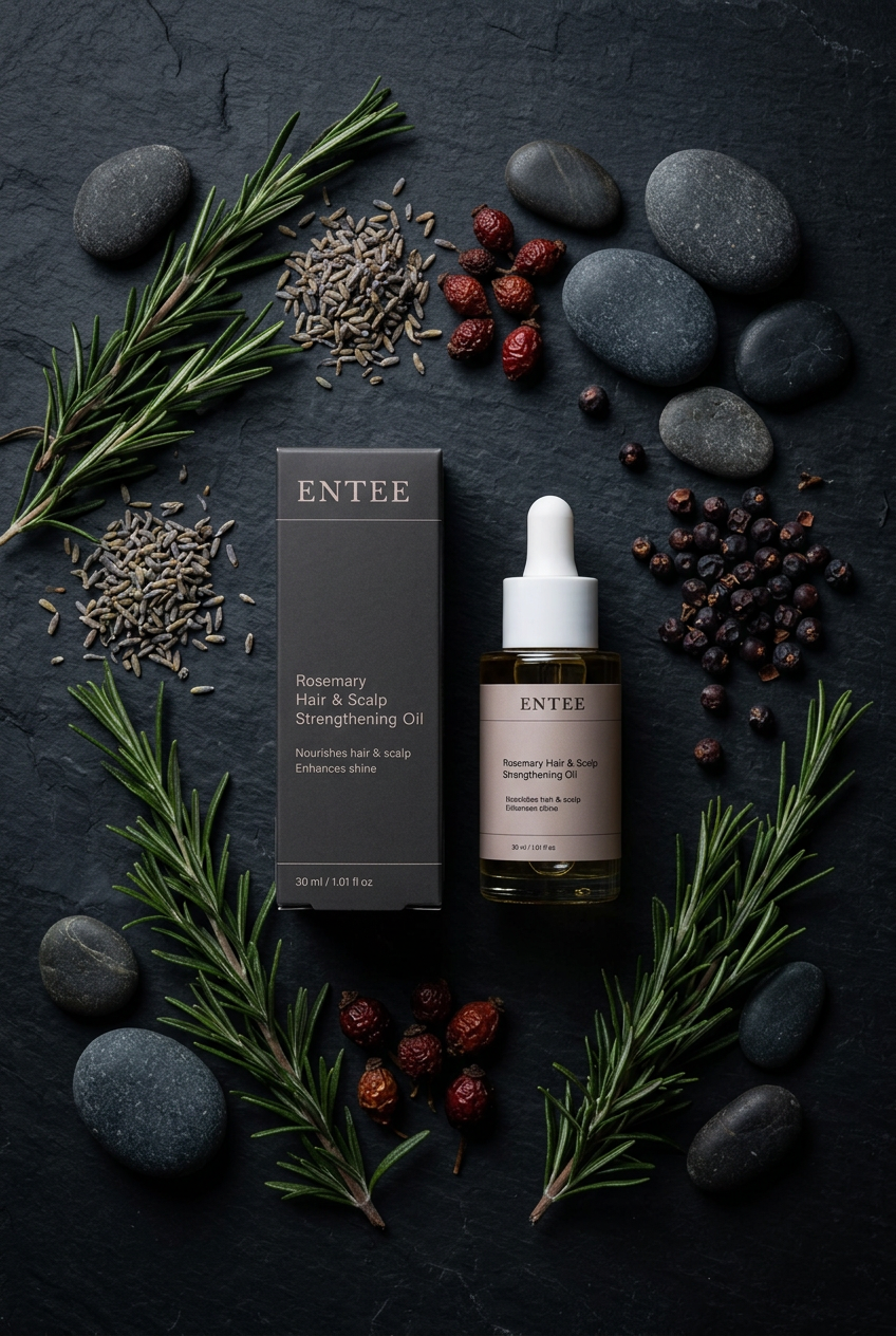 Moody flat lay of ENTEE Rosemary Oil bottle and box with botanicals on dark slate