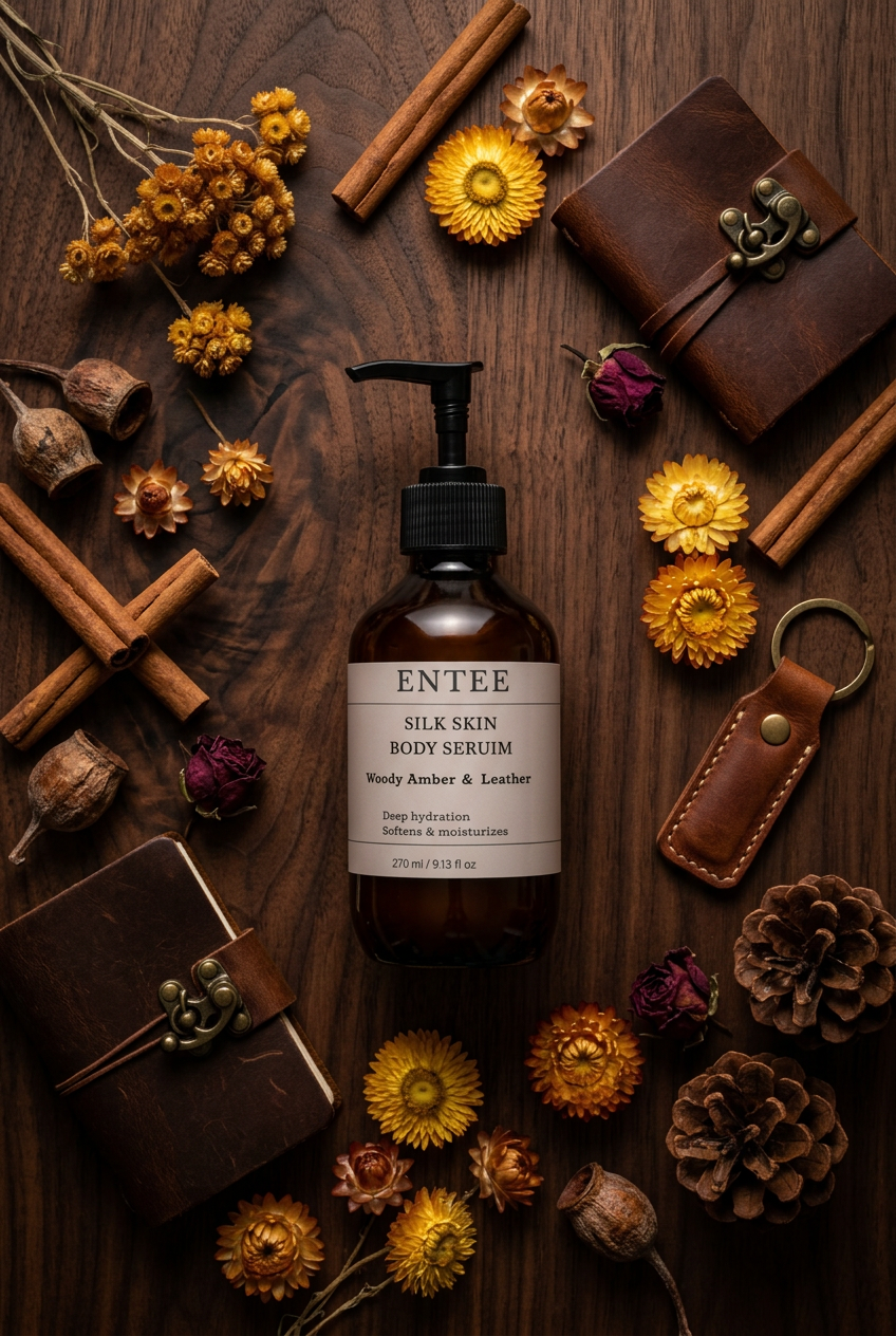Flat lay of ENTEE Silk Skin Body Serum on walnut wood with warm botanicals