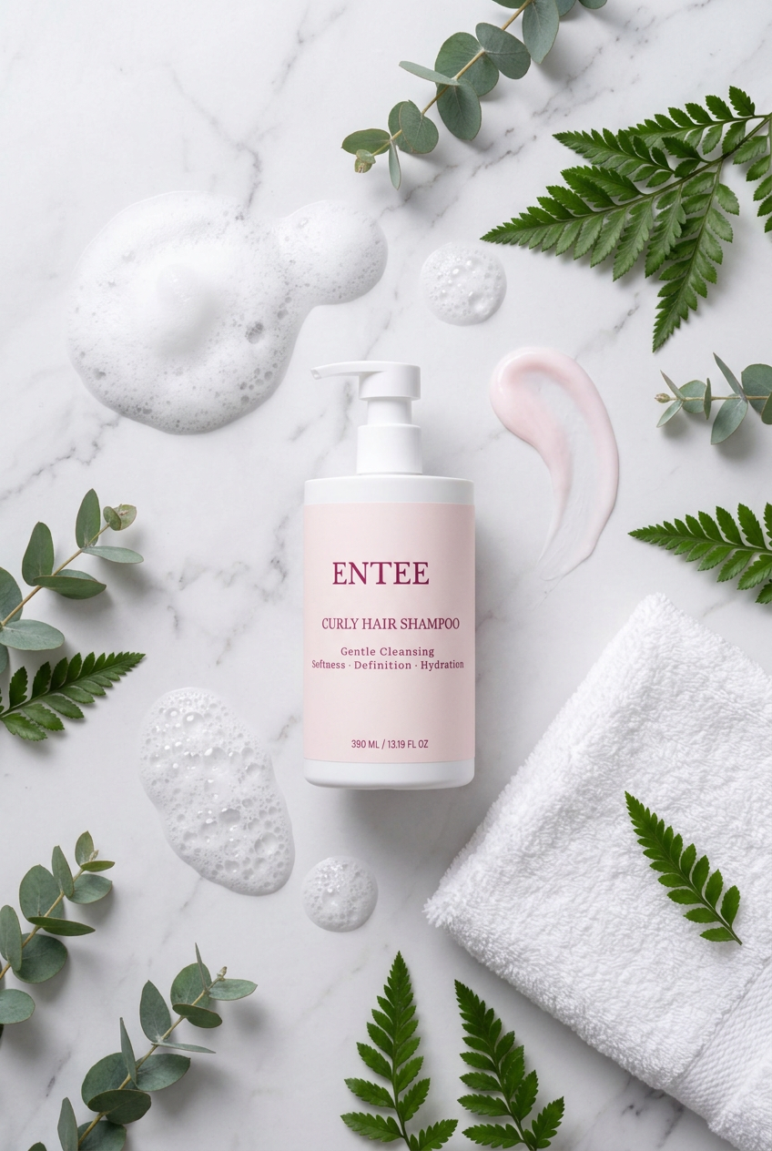 Flat lay of ENTEE Curly Hair Shampoo bottle on marble with botanicals