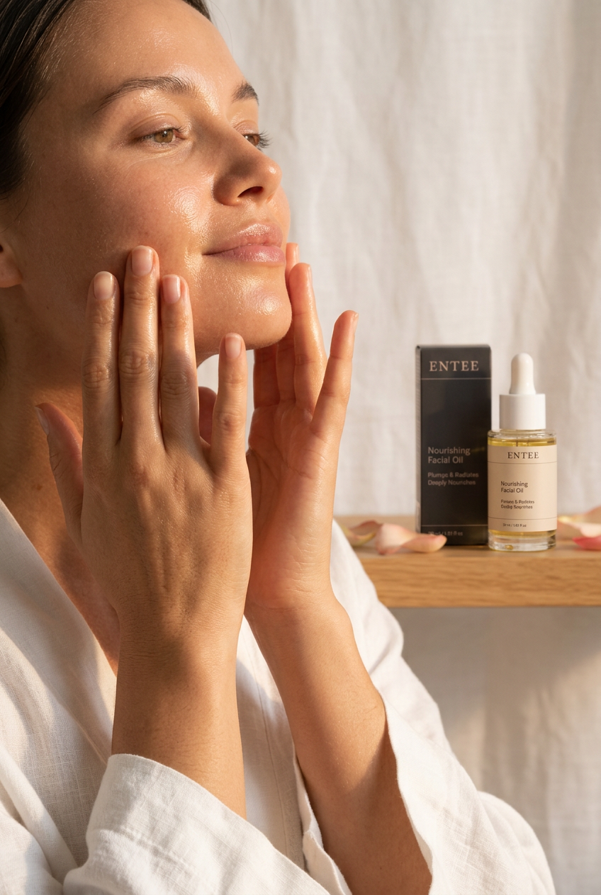 Woman pressing ENTEE Nourishing Facial Oil into radiant plump skin