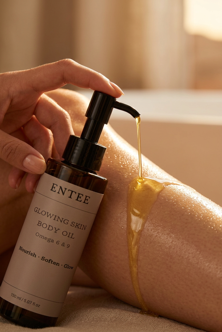 Close-up of shimmering ENTEE Glowing Skin Body Oil glistening on smooth skin