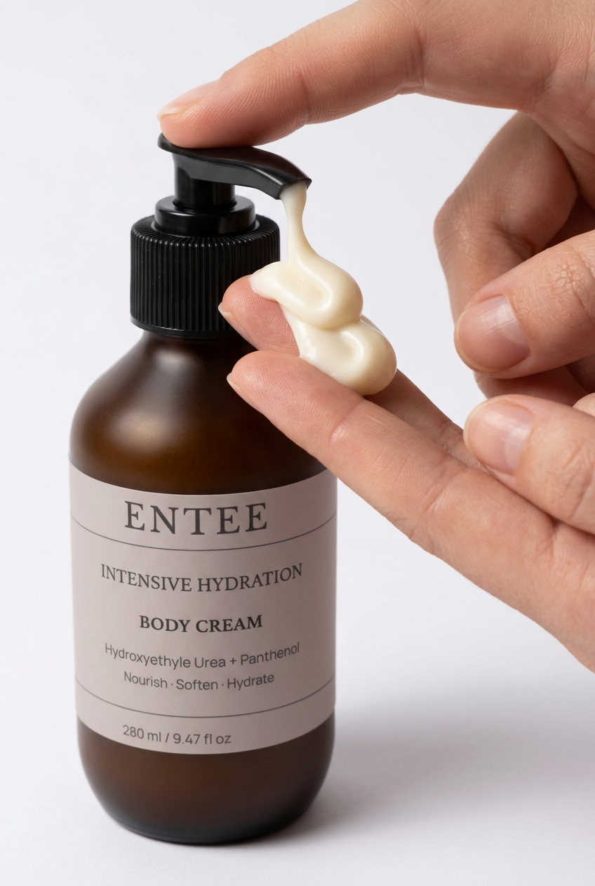 Close-up of rich ENTEE Intensive Hydration Body Cream texture on fingertips