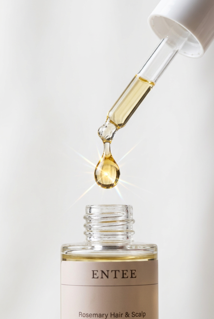 Close-up of golden oil drop from ENTEE Rosemary Hair & Scalp Strengthening Oil dropper