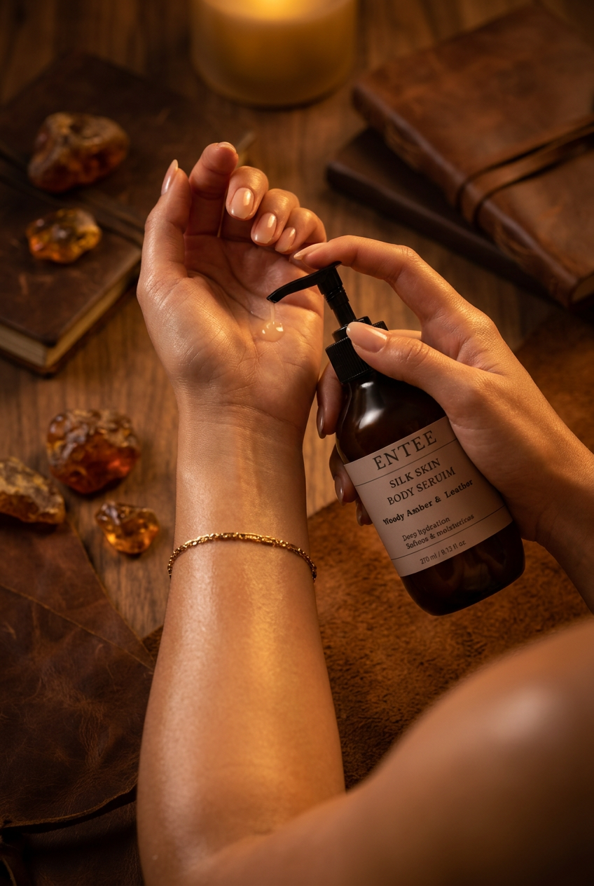 Woman pumping ENTEE Silk Skin Body Serum onto her hand in golden light