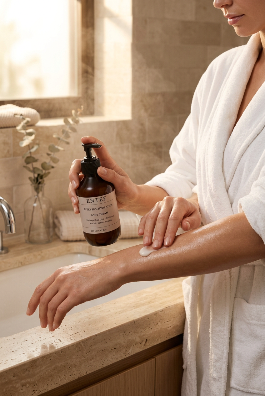 Woman applying ENTEE Intensive Hydration Body Cream to arms after shower