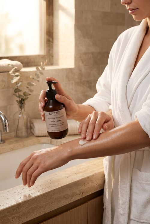 Woman applying ENTEE Intensive Hydration Body Cream to arms after shower
