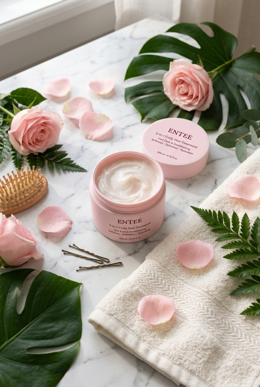 Flat lay of ENTEE 3-in-1 Curly Hair Treatment jar with rose petals on marble