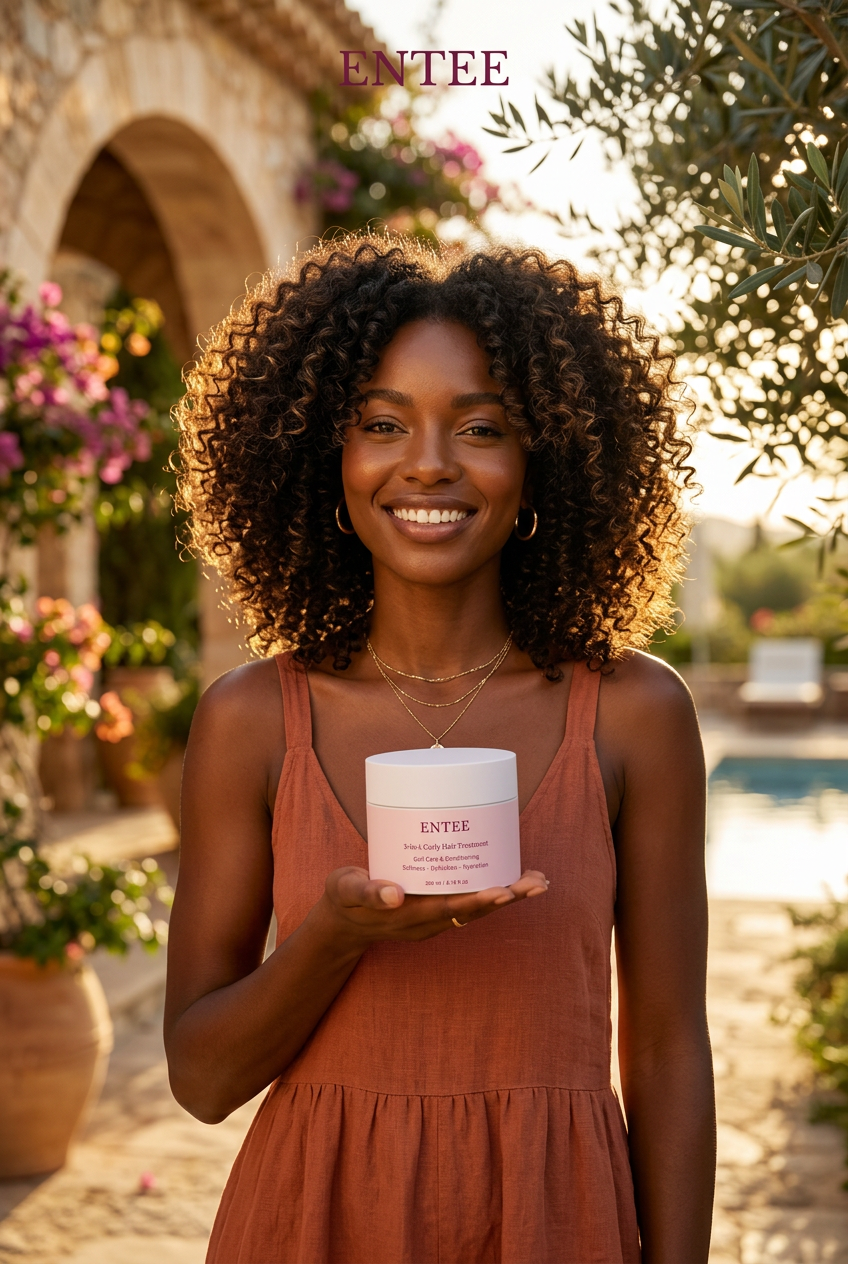 Woman with voluminous curls holding ENTEE 3-in-1 Curly Hair Treatment outdoors