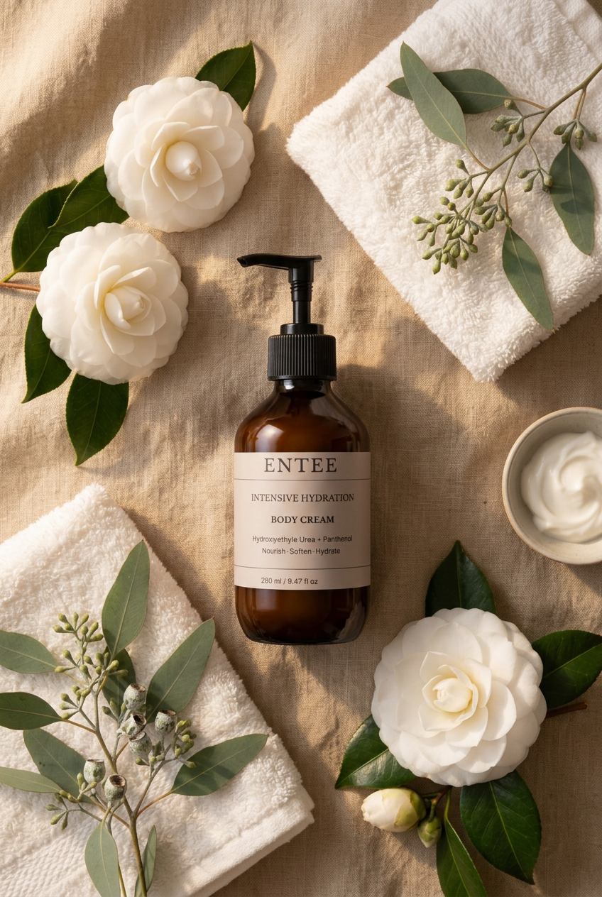 Flat lay of ENTEE Intensive Hydration Body Cream on beige linen with white flowers
