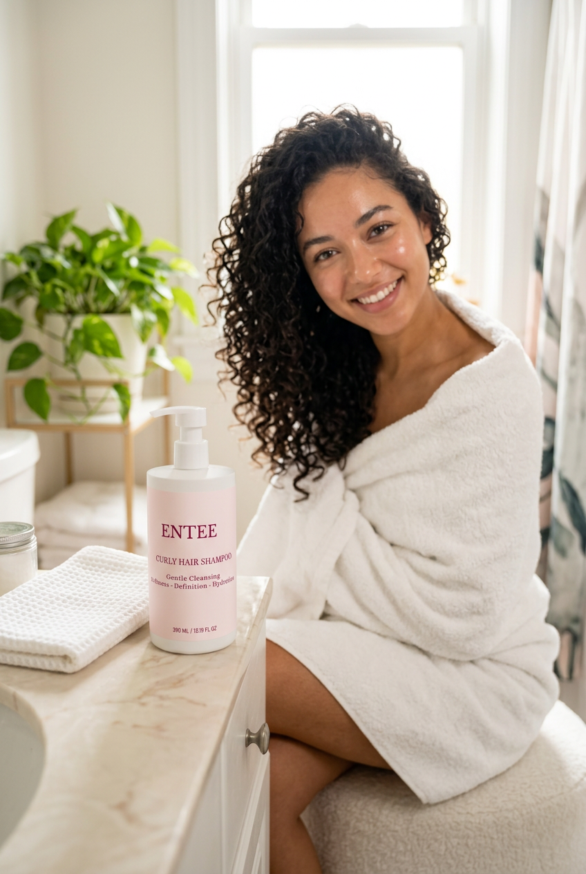 Woman with fresh bouncy curls after washing with ENTEE Curly Hair Shampoo