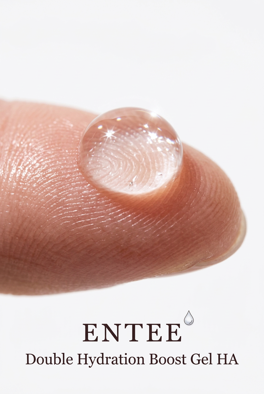Close-up of luminous ENTEE Double Hydration Boost Gel HA texture on fingertip