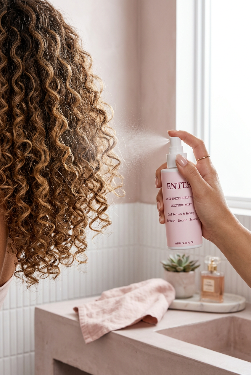 Close-up of ENTEE Anti-Frizz Curly Hair Texture Mist being spritzed onto curls