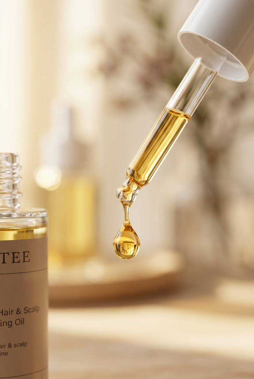 Macro close-up of golden drop releasing from ENTEE Nourishing Facial Oil dropper