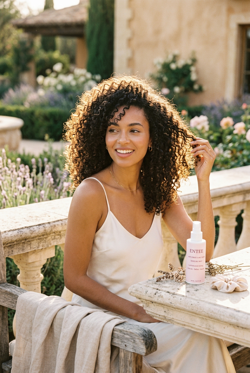Woman with bouncy curls outdoors in golden light with ENTEE Texture Mist