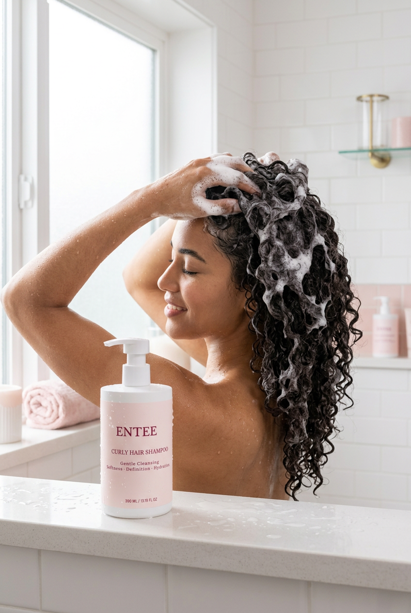 Woman lathering ENTEE Curly Hair Shampoo into curly hair in shower